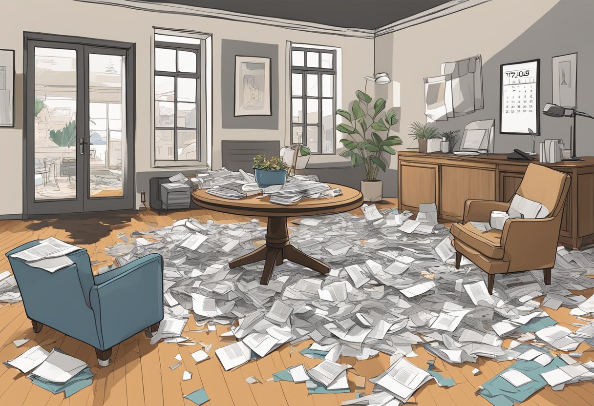 A chaotic room with scattered papers, overturned chairs, and a broken vase. A calendar on the wall shows the week Taylor Swift and Blake Lively lost mindfulness
