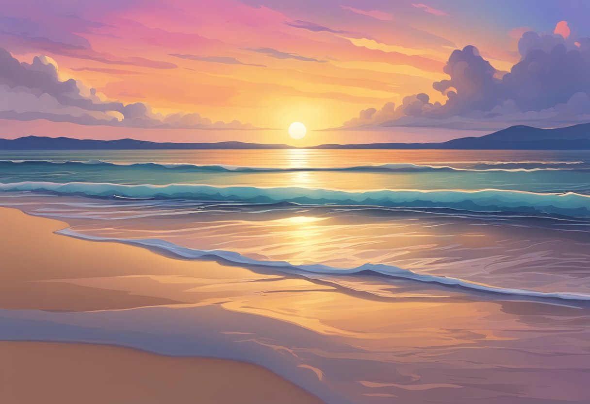A tranquil beach at sunset, with gentle waves lapping against the shore and a colorful sky reflecting in the water