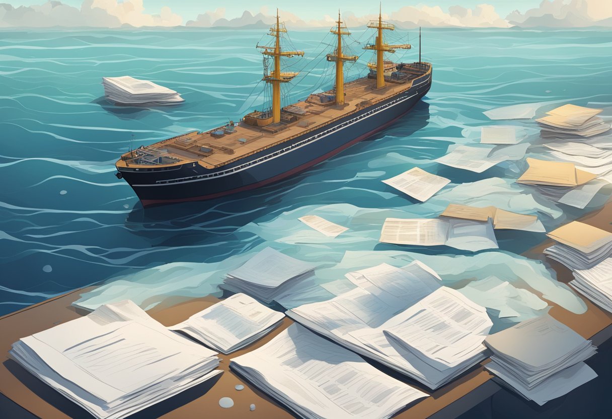 A calm sea with gentle waves, a leaking ship, and scattered FAQ documents floating on the water's surface